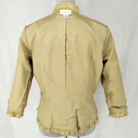 Cache Jacket Womens 8 Silk Green Gold Lined Pleated Trim Lightweight Vintage - Picture 10 of 12